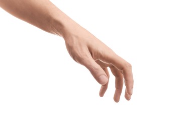 Photo of Man holding something in hand on white background, closeup