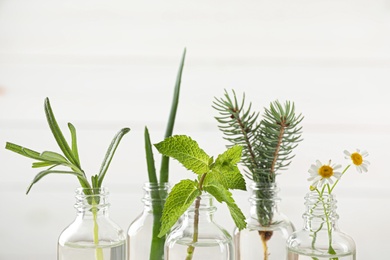 Photo of Glass bottles of different essential oils with plants against light background, closeup