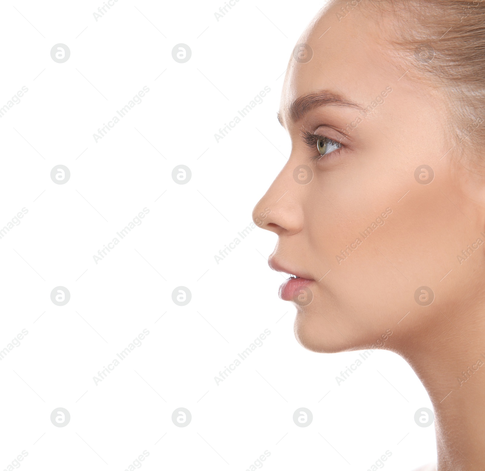 Photo of Portrait of young woman on white background. Space for text