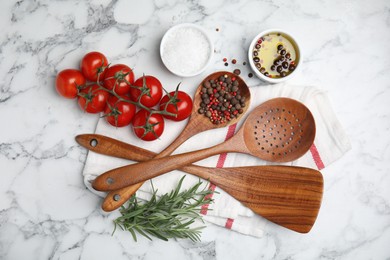 Photo of Flat lay composition with cooking utensils and fresh ingredients on white marble table