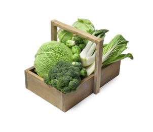 Photo of Wooden crate with different types of fresh cabbage on white background