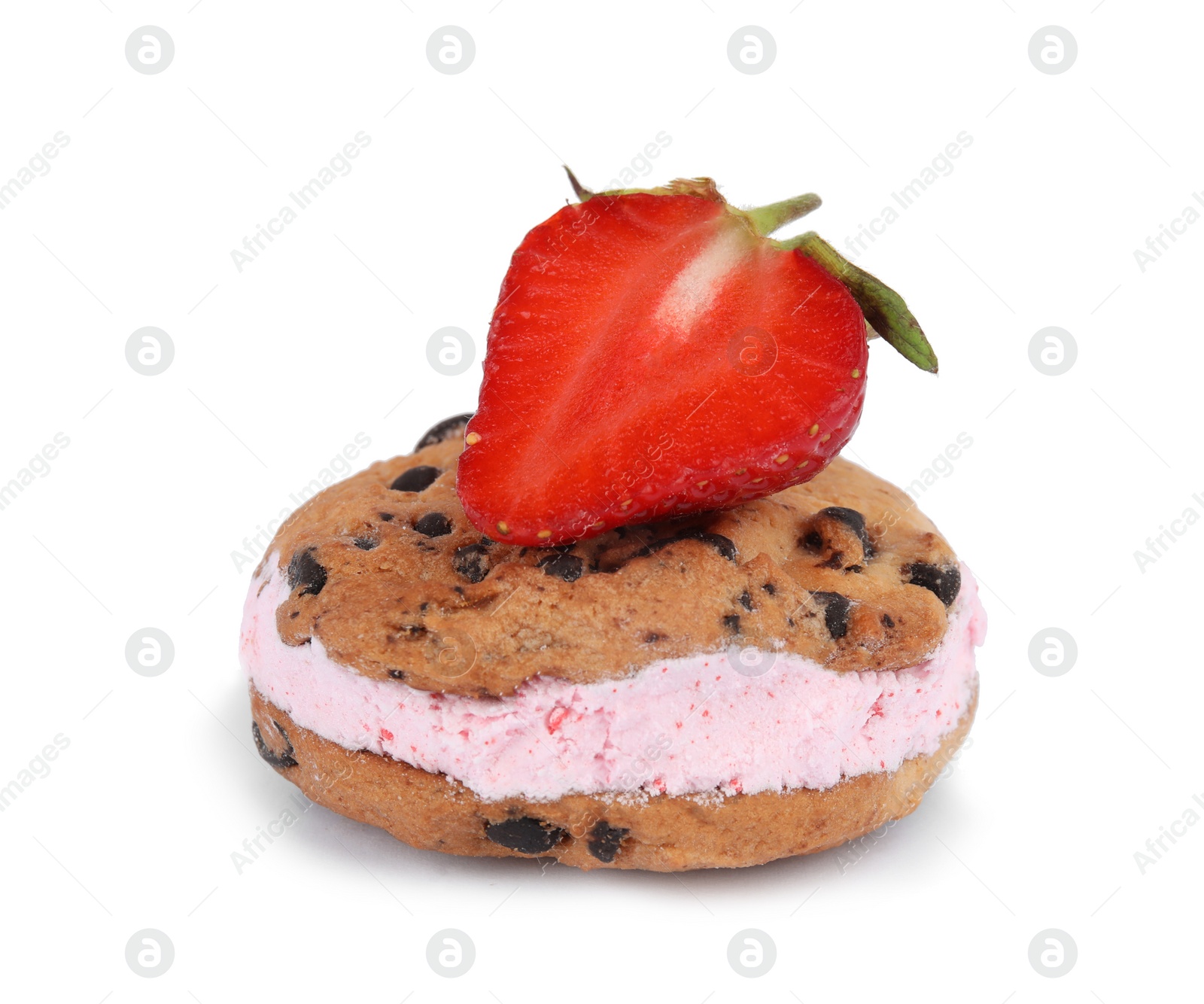 Photo of Sweet delicious ice cream cookie sandwich and strawberry on white background