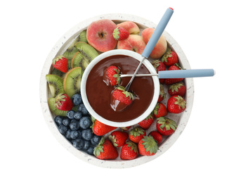 Fondue pot with chocolate and mix of fruits on white background, top view