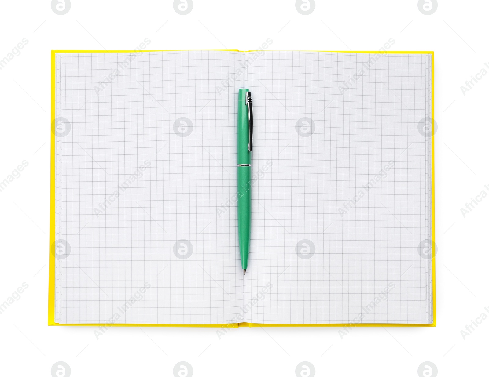 Photo of Open notebook with blank sheets and pen isolated on white, top view