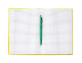 Photo of Open notebook with blank sheets and pen isolated on white, top view