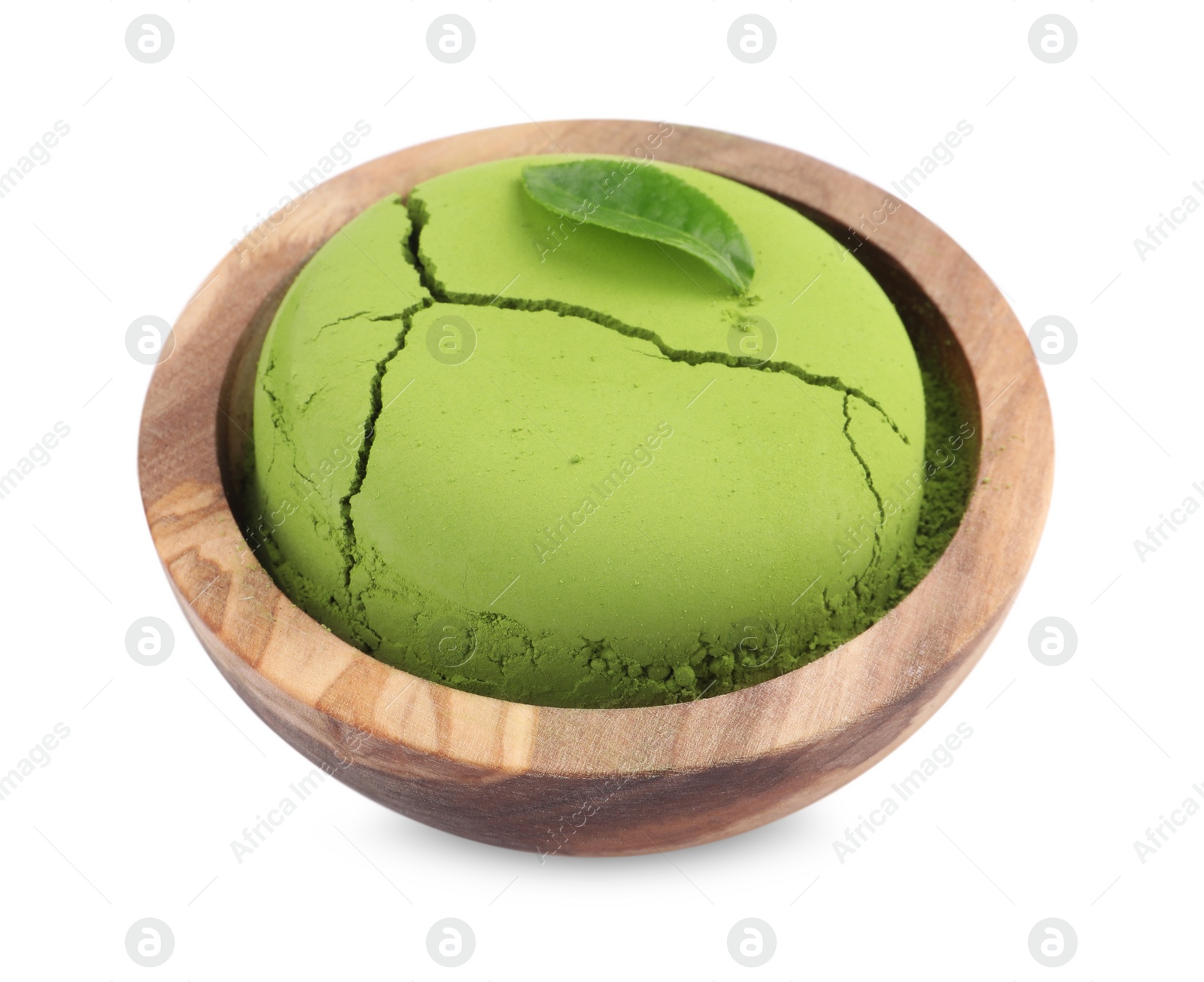 Photo of Bowl with matcha powder and leaf isolated on white