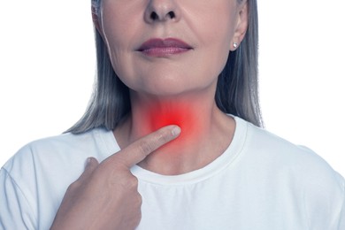 Image of Endocrine system. Woman doing thyroid self examination on white background, closeup