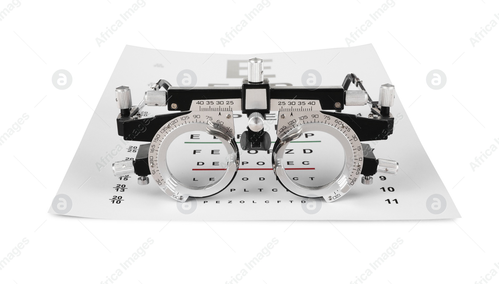 Photo of Trial frame and vision test chart isolated on white