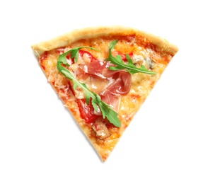 Slice of tasty pizza with meat on white background