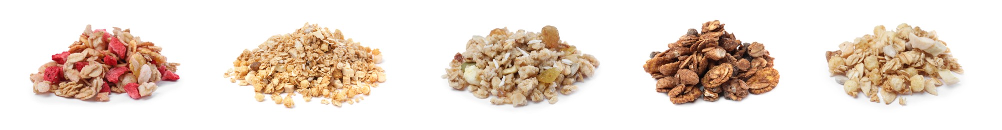 Image of Set with piles of different delicious granola on white background. Banner design