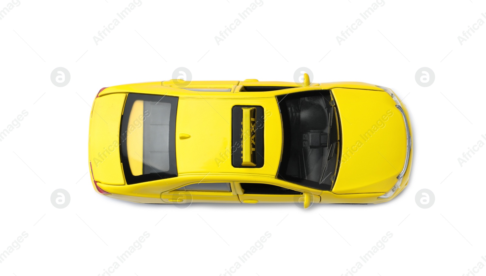 Photo of Yellow taxi car model on white background, top view