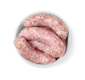 Photo of Raw homemade sausages in bowl isolated on white, top view