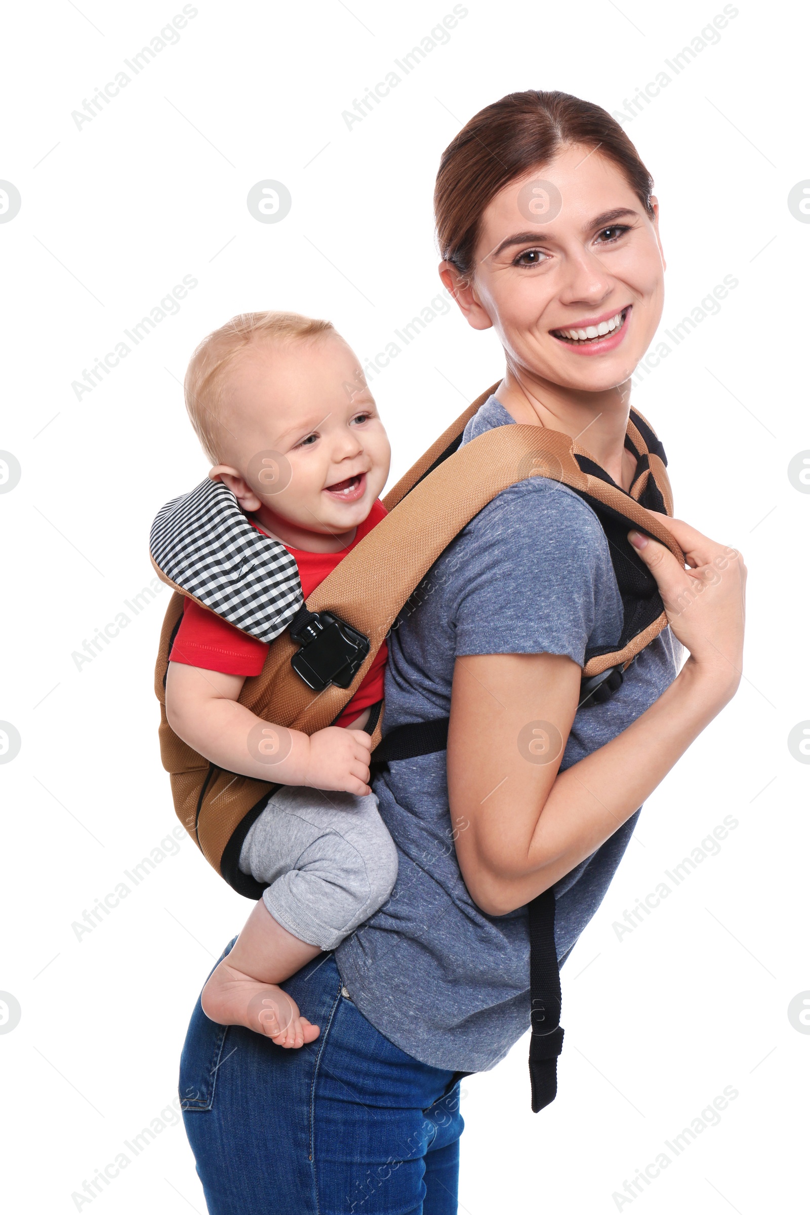 Photo of Woman with her son in baby carrier on white background