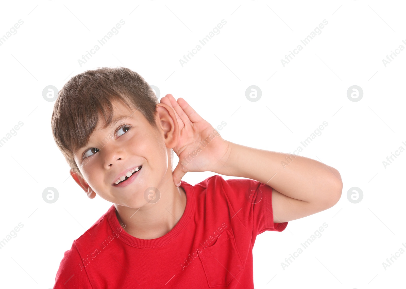 Photo of Cute little boy with hearing problem on white background