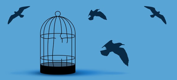 Image of Freedom. Silhouettes of birds flying out of broken cage on light blue background, banner design