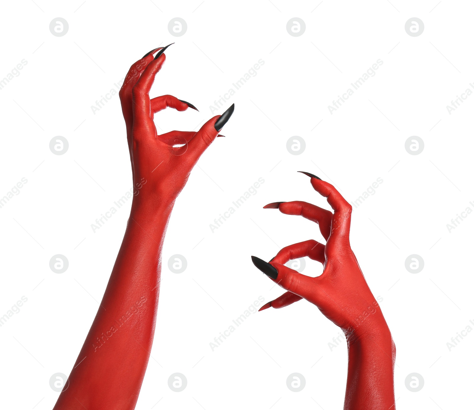 Photo of Scary monster on white background, closeup of hands. Halloween character