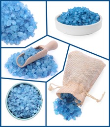 Image of Light blue sea salt isolated on white, set