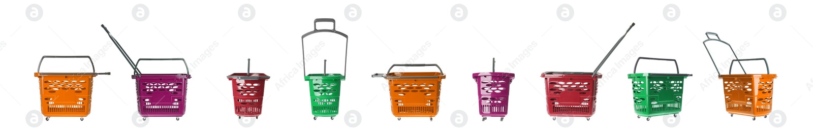 Image of Set of shopping baskets on white background. Banner design