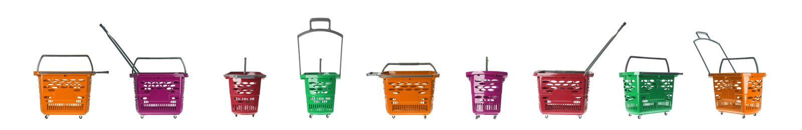 Image of Set of shopping baskets on white background. Banner design