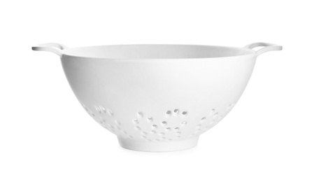 New plastic colander isolated on white. Cooking utensil