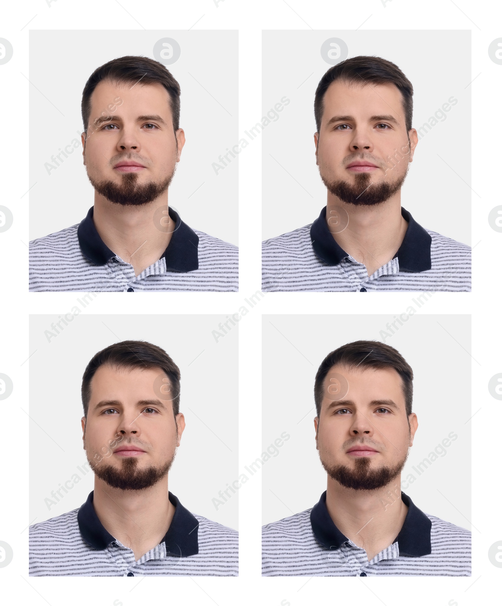 Image of Passport photo, collage. Man on white background, set of photos