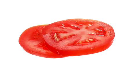 Photo of Juicy tomato slices isolated on white. Sandwich ingredient