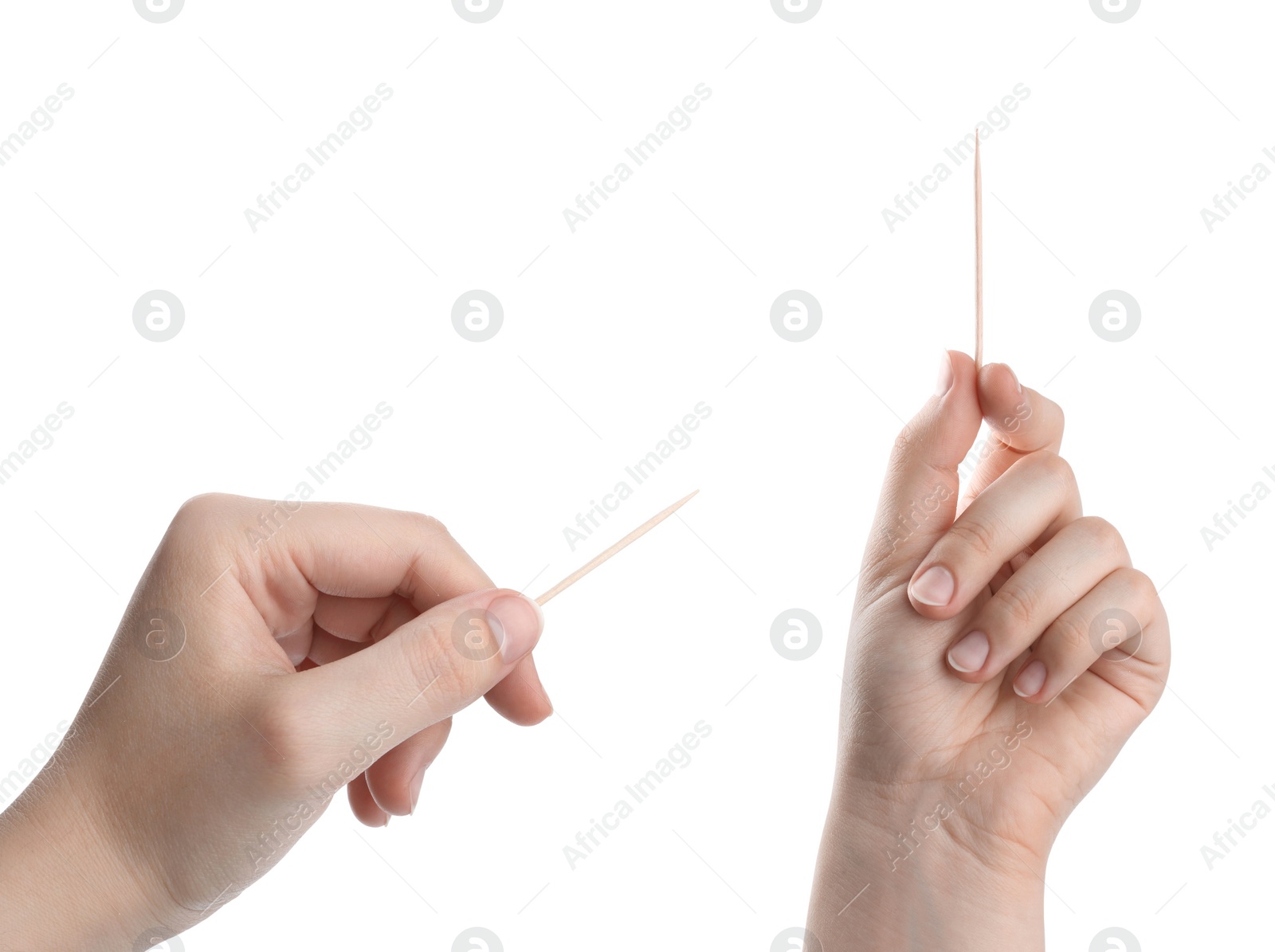 Image of Collage with photos of women holding wooden toothpicks on white background, closeup