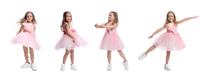 Image of Cute little girl dancing on white background, set of photos