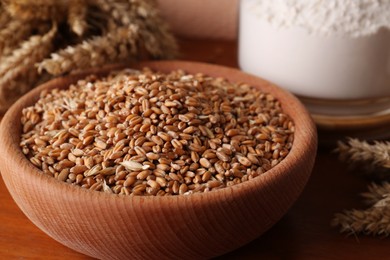 Photo of Wheat grains in bowl and spikes on wooden table, closeup