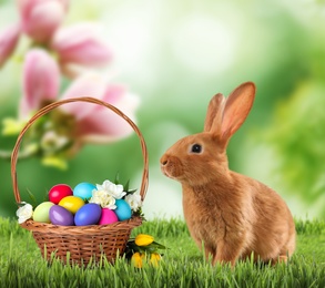 Image of Cute bunny and colorful Easter eggs on green grass outdoors