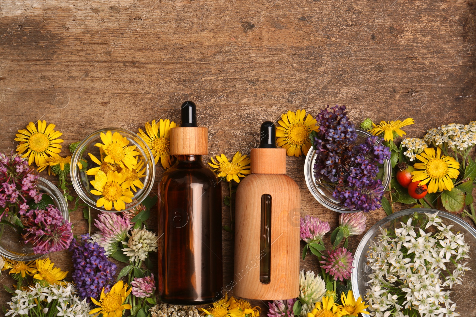 Photo of Bottles of essential oils and beautiful flowers on wooden table, flat lay. Space for text
