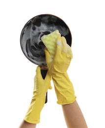 Photo of Woman washing dirty frying pan on white background, closeup