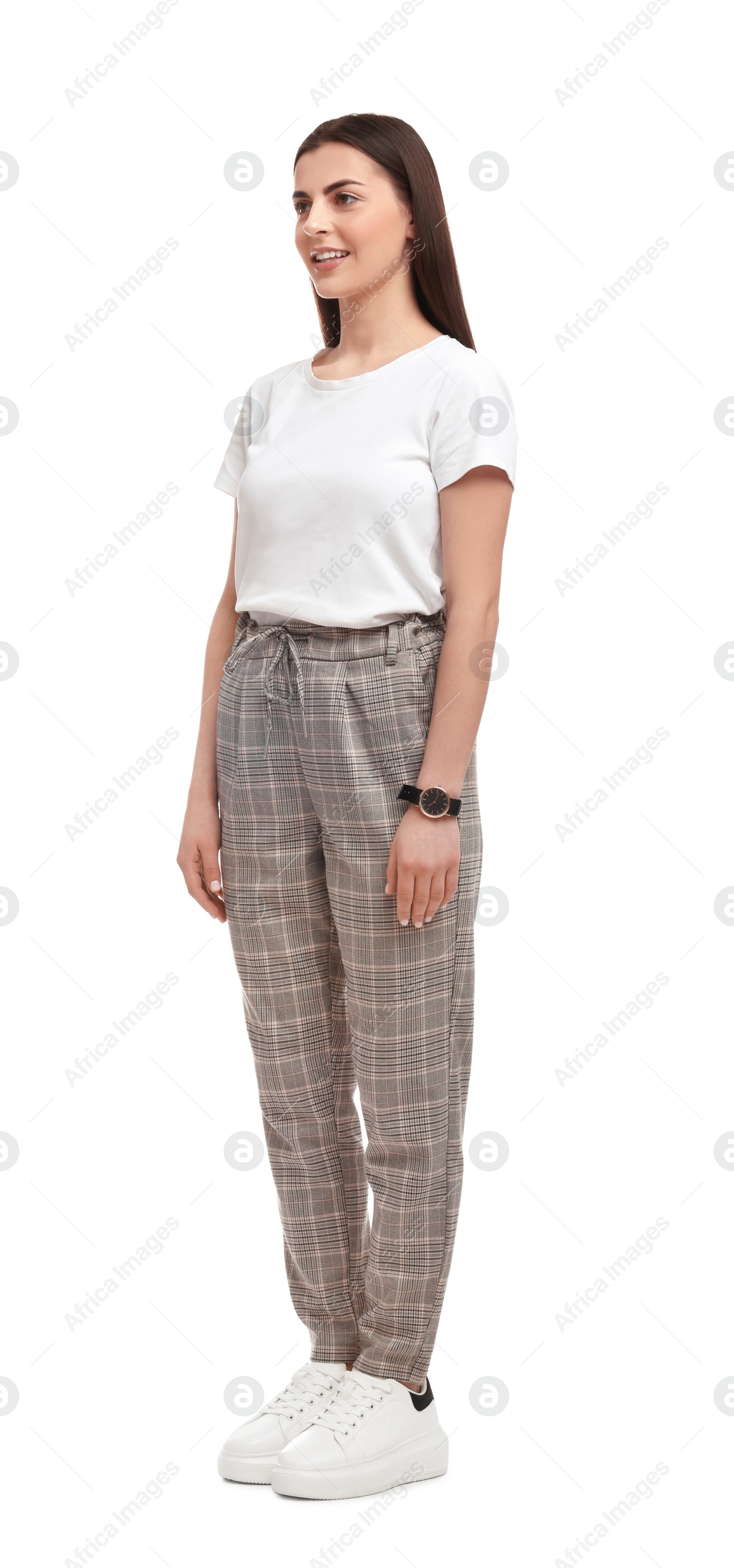 Photo of Beautiful young businesswoman standing on white background