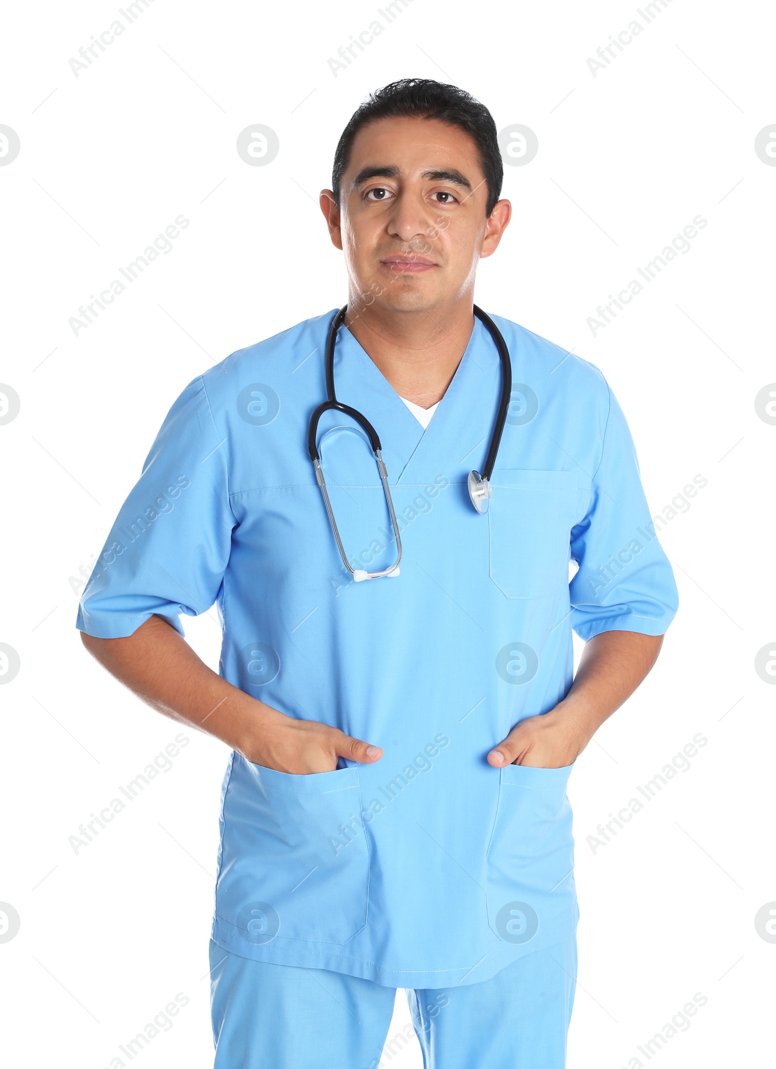 Photo of Portrait of male Hispanic doctor isolated on white. Medical staff