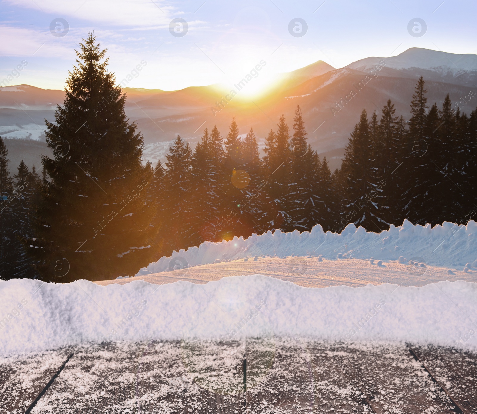 Image of Wooden surface and beautiful view of winter landscape 