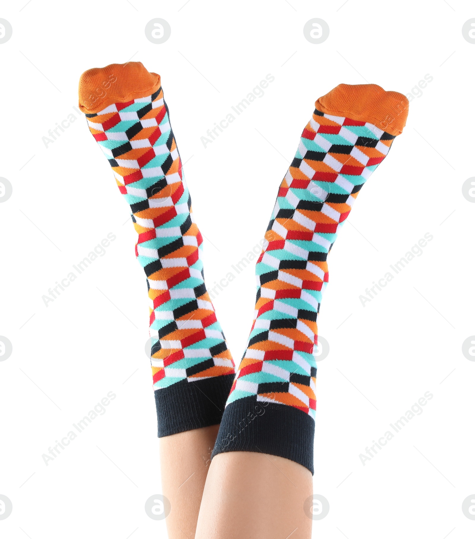 Photo of Woman in stylish socks on white background, closeup