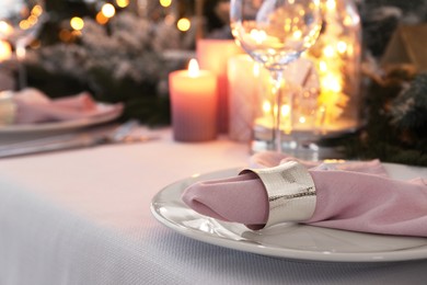 Beautiful festive table setting with Christmas decor, space for text