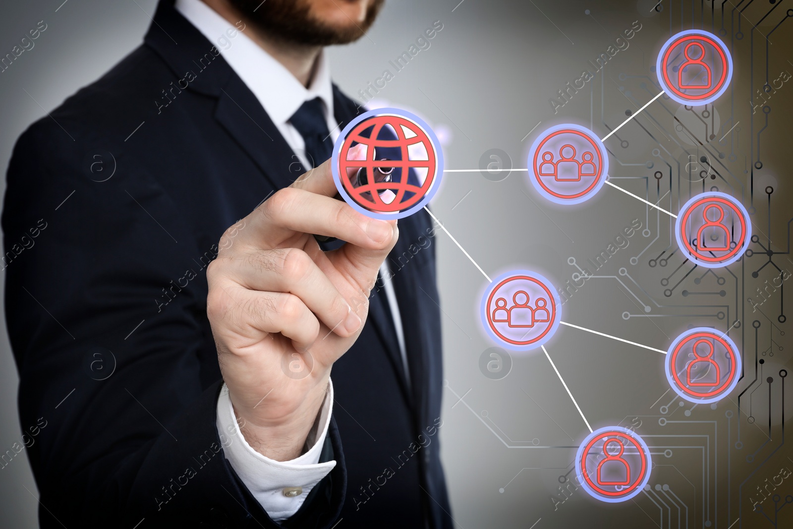 Image of Multi-level marketing. Businessman touching scheme on digital screen, closeup. Illustration of hierarchy