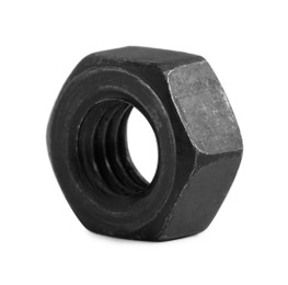 Photo of One black metal hex nut on white background