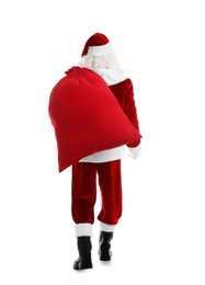 Photo of Santa Claus with sack walking on white background, back view