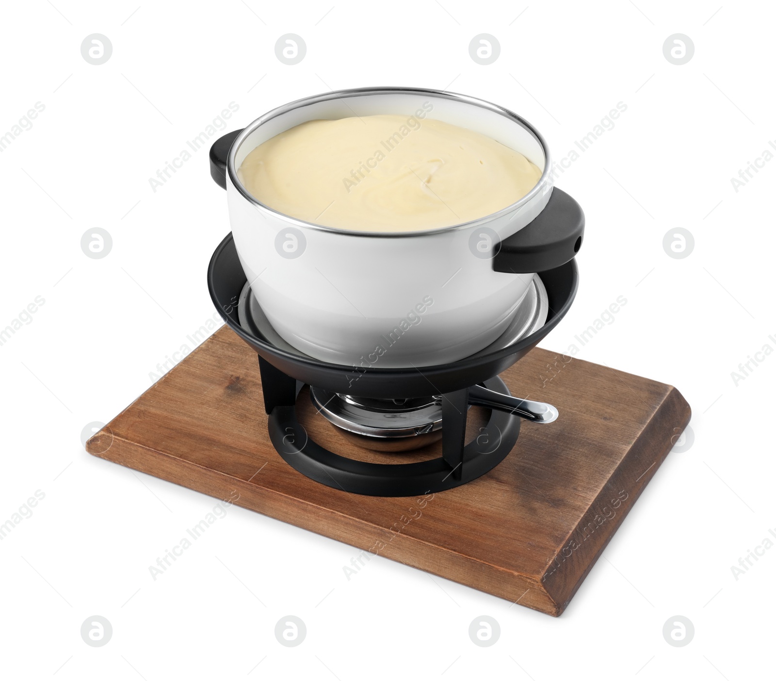 Photo of Fondue pot with tasty melted cheese isolated on white