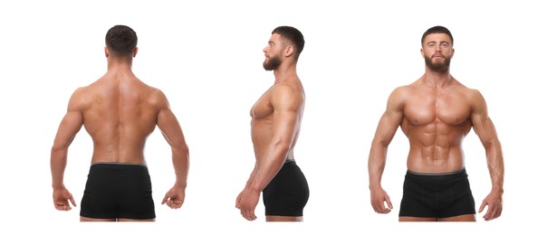 Handsome bodybuilder in underwear on white background. Front, side and back photos