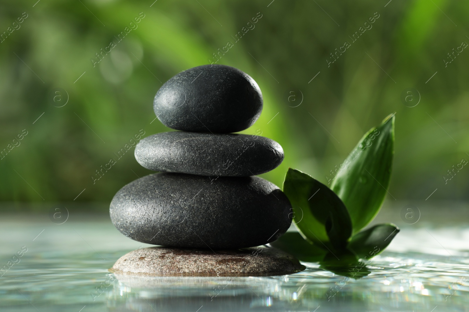 Photo of Stacked stones with bamboo leaves on water surface against blurred background, closeup