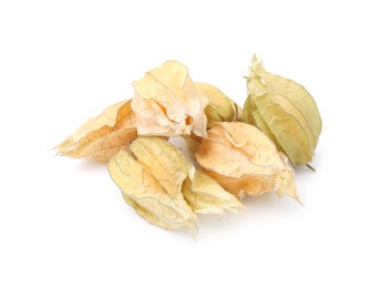 Many ripe physalis fruits with calyxes isolated on white