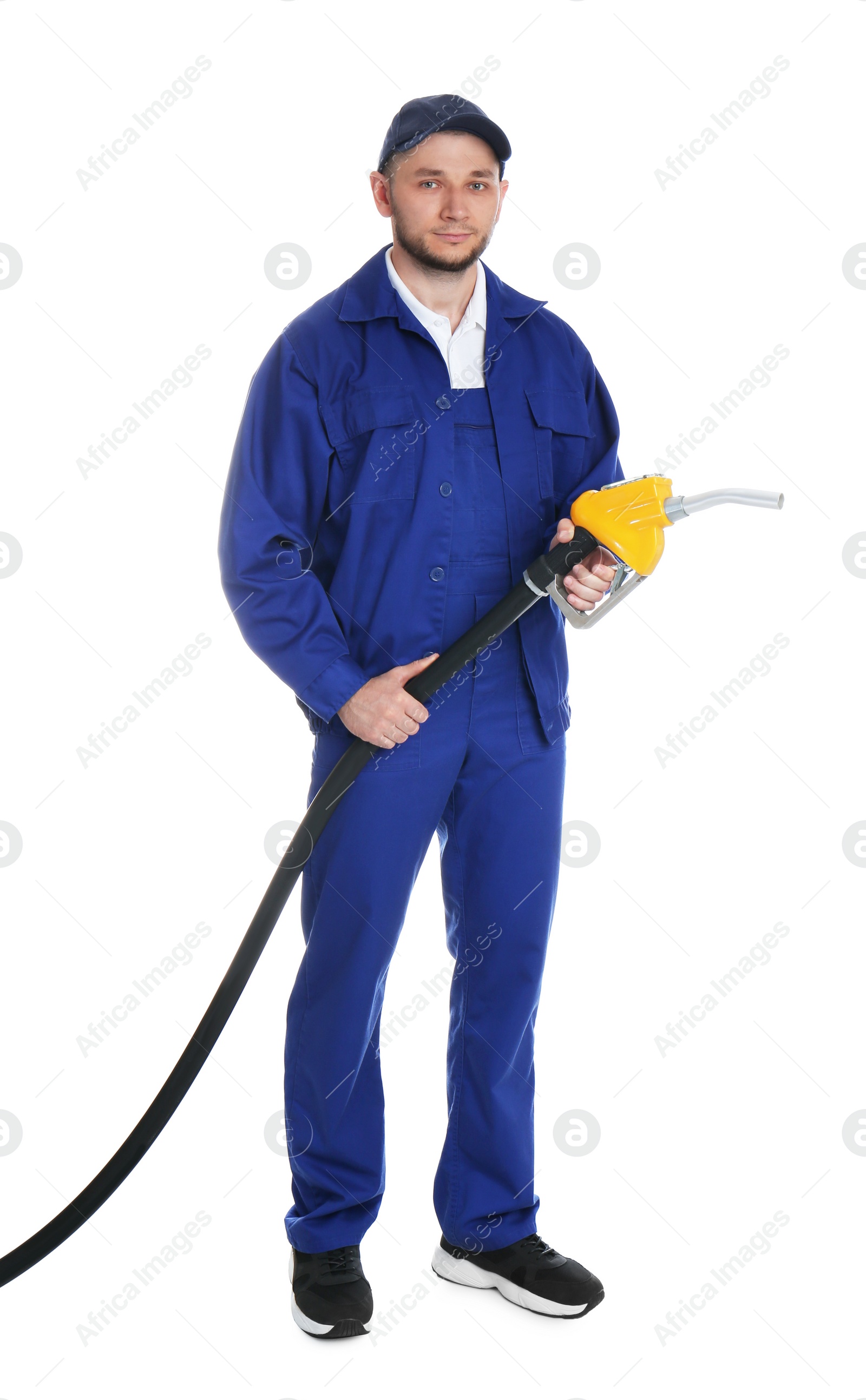 Photo of Gas station worker with fuel nozzle on white background