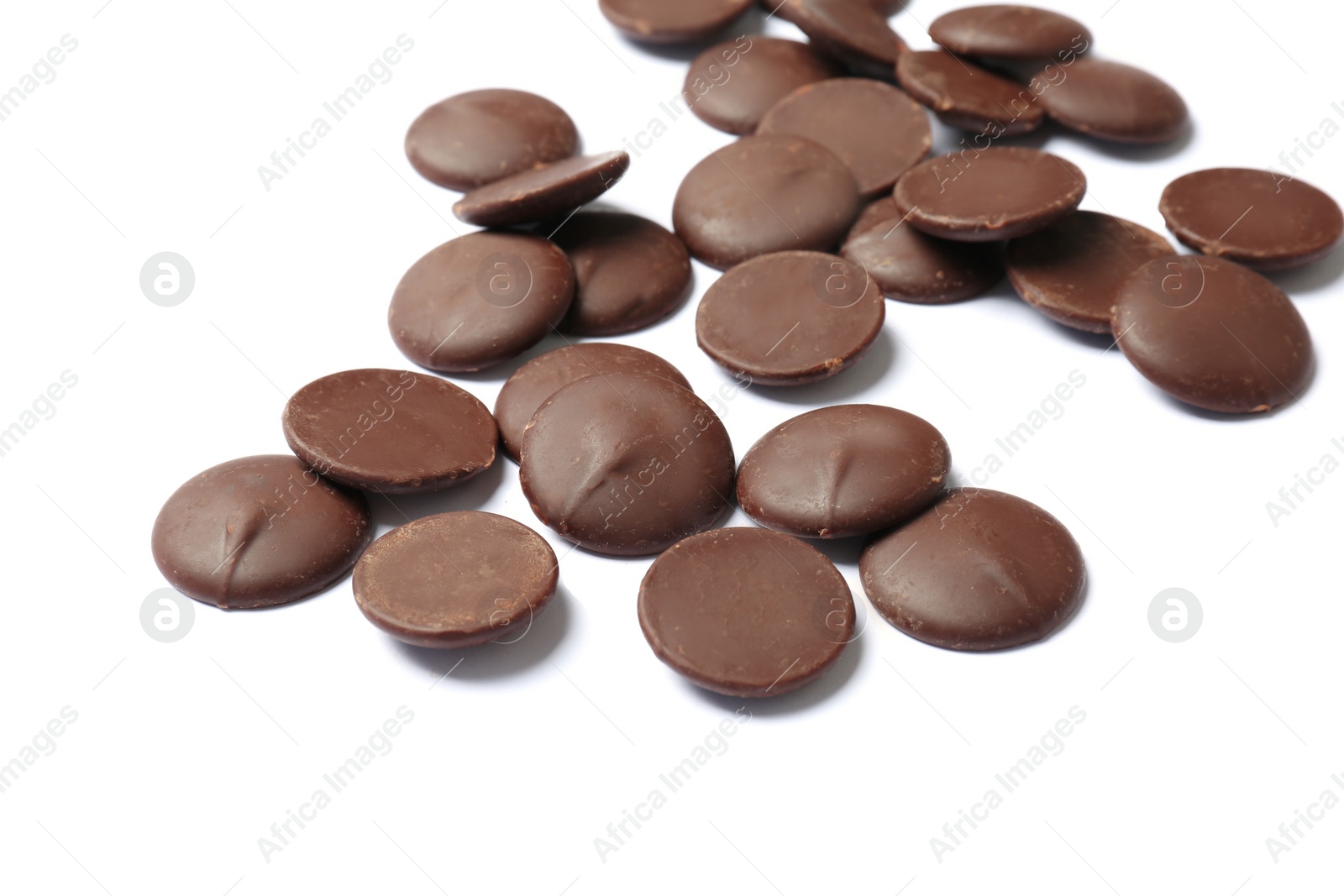 Photo of Delicious black chocolate chips on white background