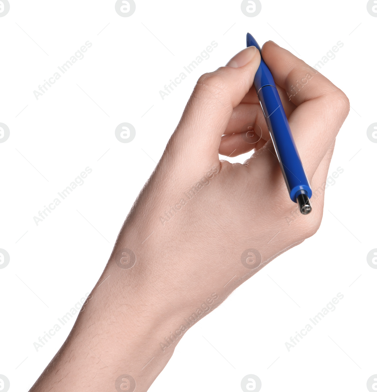 Photo of Woman holding pen on white background, closeup of hand