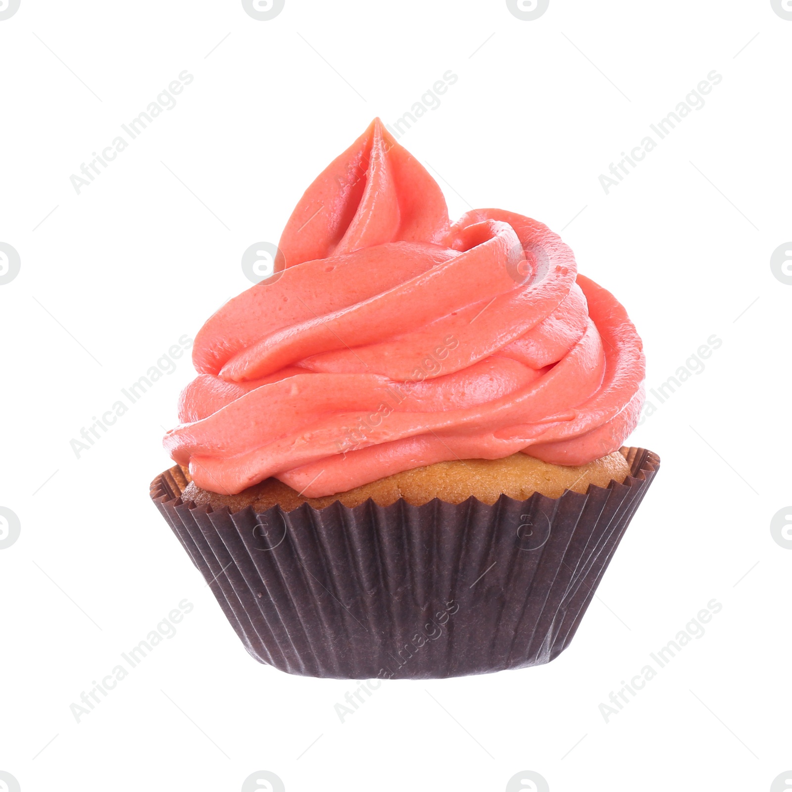 Photo of Delicious cupcake with pink cream isolated on white