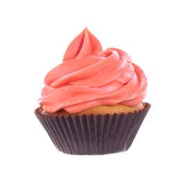 Photo of Delicious cupcake with pink cream isolated on white