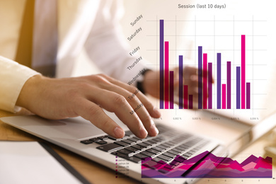 Image of Finance trading concept. Man working with laptop and charts, closeup